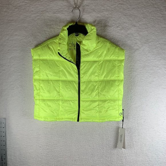 Calvin Klein Puffer Vest Womens M Highlighter Yellow Crop Performance 7580 - Picture 1 of 9